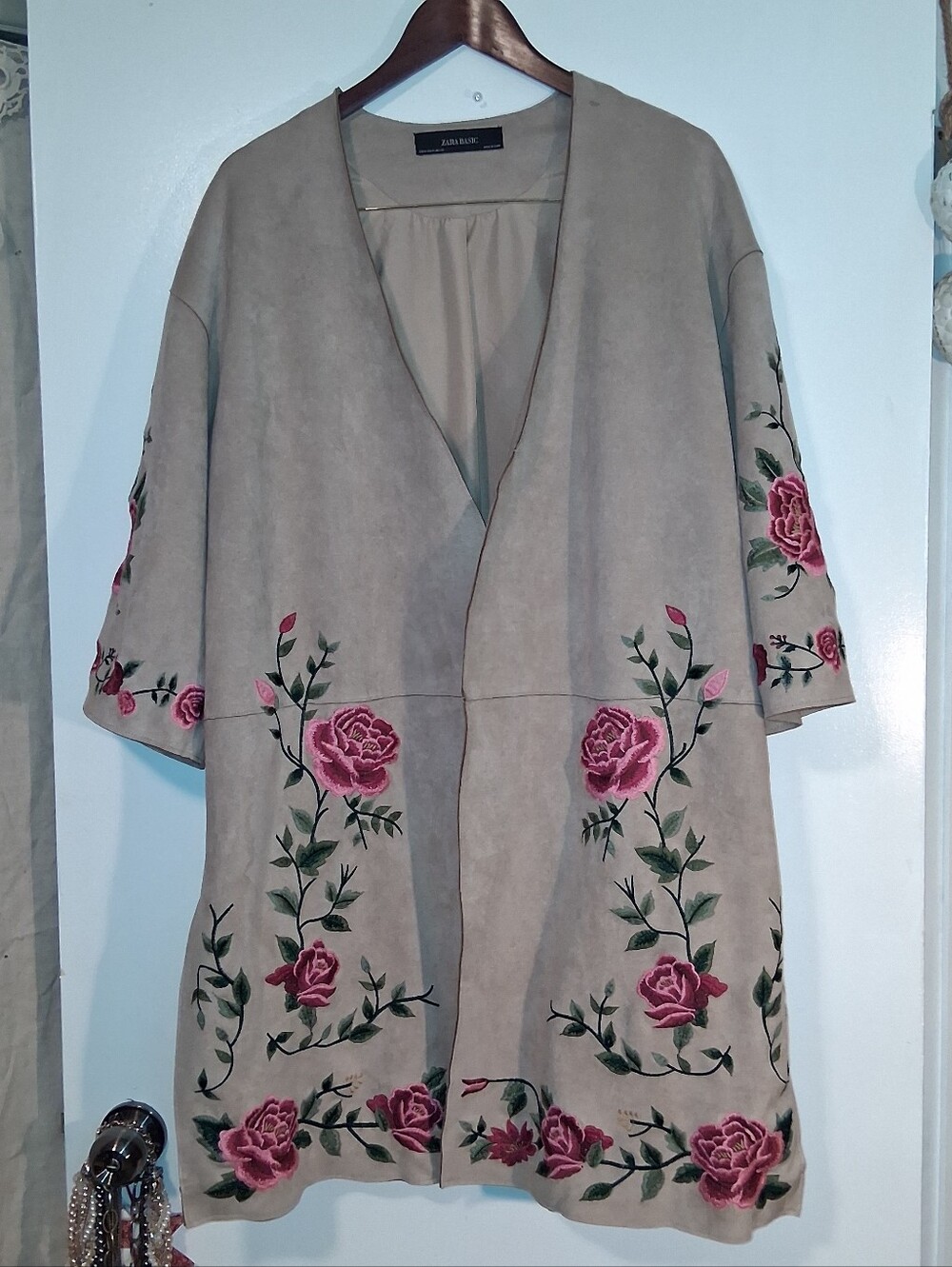 Zara Faux Suede Taupe Floral Embroidered Open Front Coat